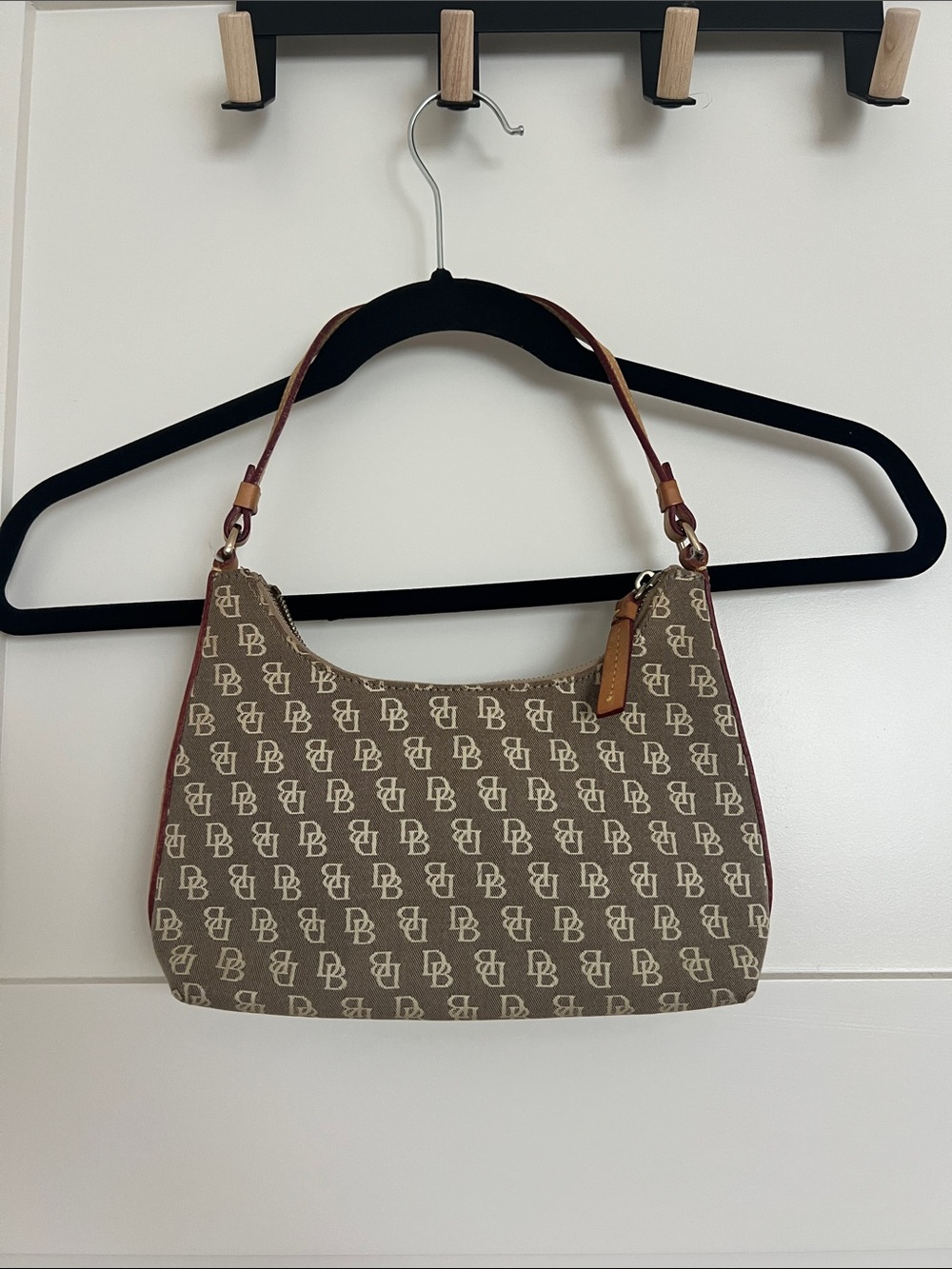 Dooney & Bourke Taupe Monogram Shoulder Bag with Brown Trim